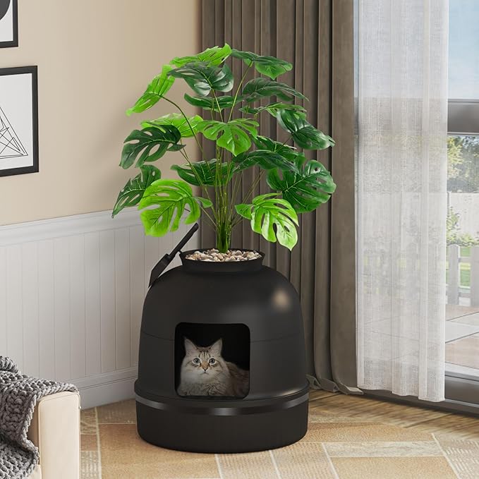 Lifewit Cat Litter Box, Hidden Enclosure Litter Tray with Odor Control & Carbon Filter in Living Room, Bedroom, Corner with Faux Plant& Plastic Scoop, Litter Liner, 48 x 120 cm/19x47, Black