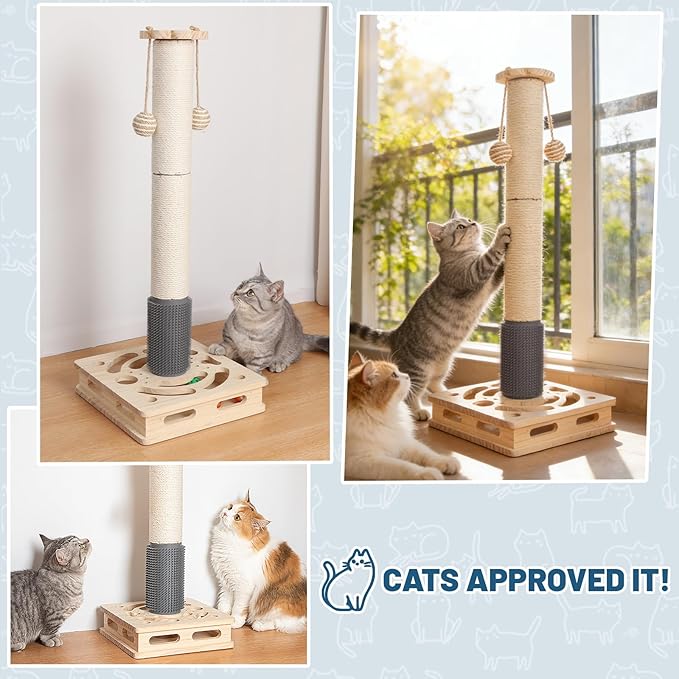 20.5 Inch Cat Scratching Post, 4-in-1 Interactive Maze Base with Cat Self Groomer, Natural Pine Wood & Premium Sisal Scratching Pole, Anti-Slip Detachable Design for Indoor Cats