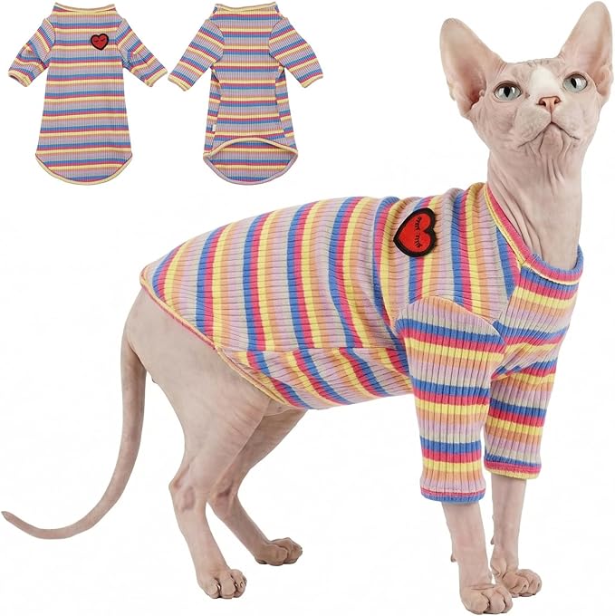 DENTRUN Hairless Cats Shirt Breathable Cat Daily Wear Clothes Stripe Vest Adorable Pajamas Jumpsuit Soft & Skin-Friendly