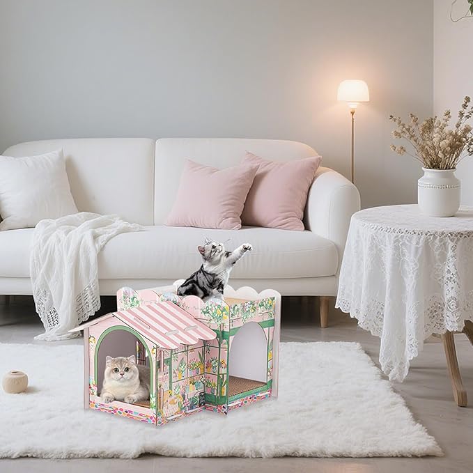 Lineshading 2 Story Cardboard Cat House with Scratcher Pad, Multi Level Durable Cat Scratcher House for Small Kitten Bunny Rabbit Animals Christmas Birthday Gift(17x12x10,Florist)