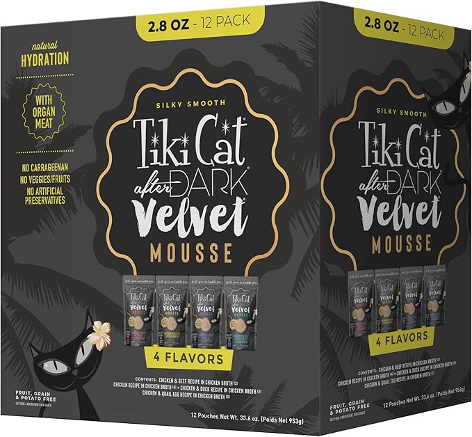 Tiki Cat After Dark Velvet Mousse Wet Cat Food, Variety Pack, 2.8 oz. Pouch (Pack of 12)