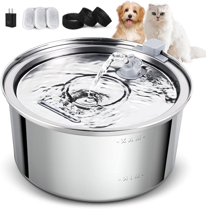 Cat Water Fountain Stainless Steel,3.2L/108oz Automatic Pet Fountain Dog Water Dispenser,Ultra Quiet Pump with 3 Replacement Filters for Cats, Dogs, Multiple Pets