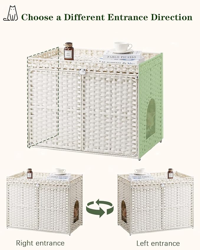 SETVSON Cat Litter Box Enclosure Furniture, Handwoven Rattan Hidden Litter Box with Mat, Large Space Cat House with 2 S-Shaped Hooks 30.3 x 18.3 x 24.4 Inches, Indoor for Living Room Apartment White