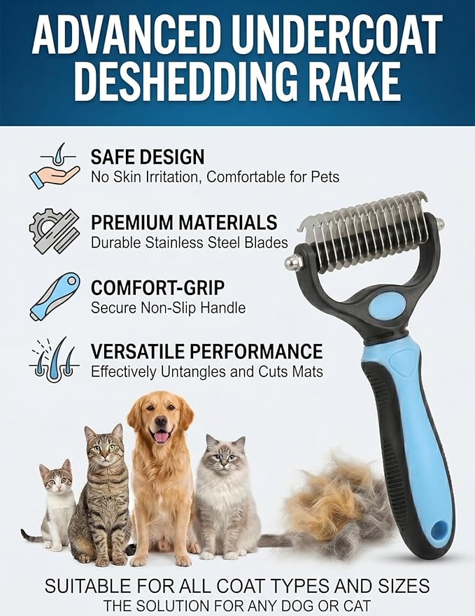 Pet Pro Grooming Tool, Dual Tooth Groom Pro for Dogs, Cat Deshedding Brush, Dog Rake Brush for Shedding, Cats Comb Undercoat Long Hair Knotter Remover, Double Teeth Coat Dual-Sided Professional Tools