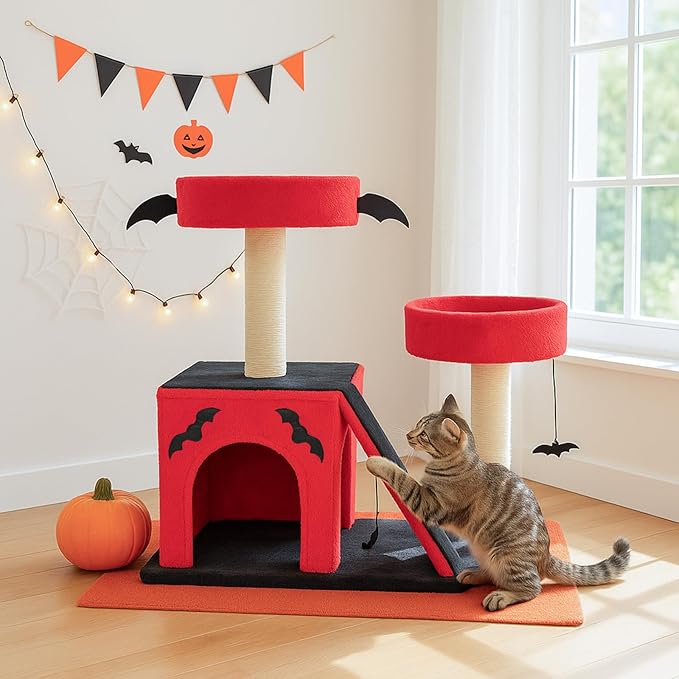 26" Gothic Cat Tree, Cat Tower with Spacious Cat Condo, 2 Padded Perches, Spider Toy, Scratching Posts, Scratching Ladder for Large Cats, Red & Black (60 * 40 * 66CM)
