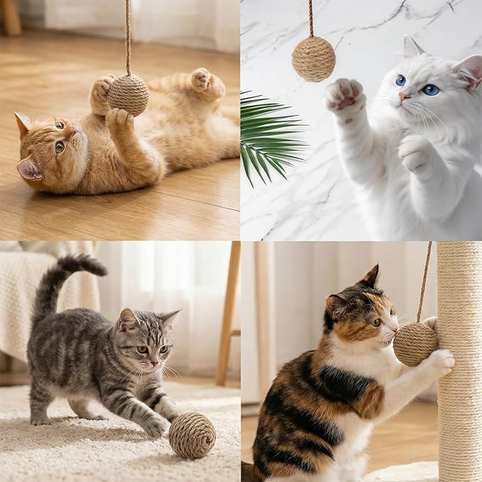 String Cat Toy Ball with 8 Inch Sisal Rope and Bell Inside, 1.7 Inch Sisal Rope Interactive Cat Ball Toy on String for Indoor Cats