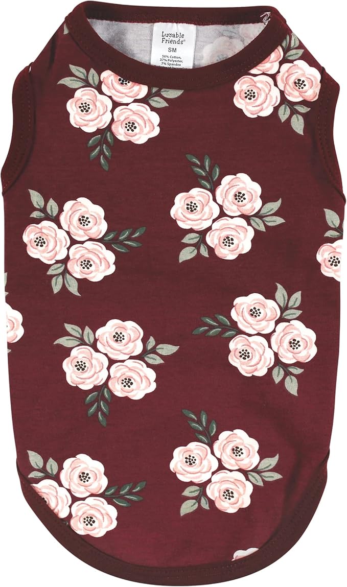 Luvable Friends Dog Pet Dog and Cats Cotton T-Shirts 2pk, Burgundy Floral Houndstooth, X-Small