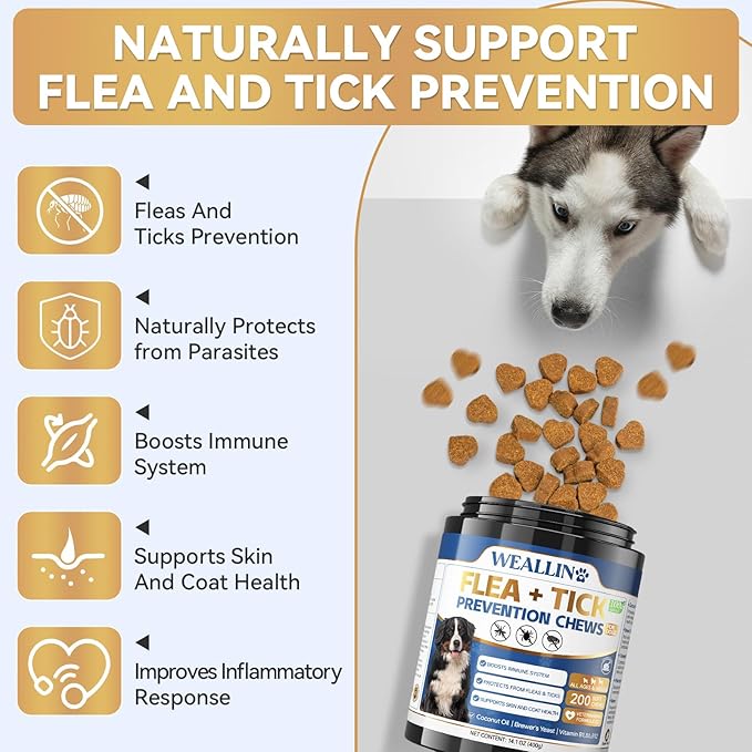 WEALLIN Flea and Tick Prevention Chews for Dog&Cats, Flea and Tick Prevention for Dogs, Flea and Tick Prevention for Cats, 200 Soft Chews, Chicken Flavor, Natural Flea and Tick Treatment