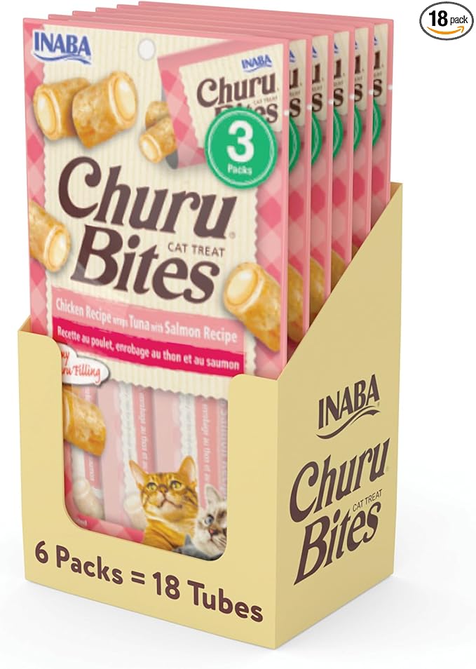 INABA Churu Bites for Cats, Soft/Chewy Baked Chicken Wrapped Churu Filled Cat Treats with Vitamin E, 0.35 Ounces per Tube, 18 Tubes Total (3 Tubes per Pack), Tuna with Salmon Recipe
