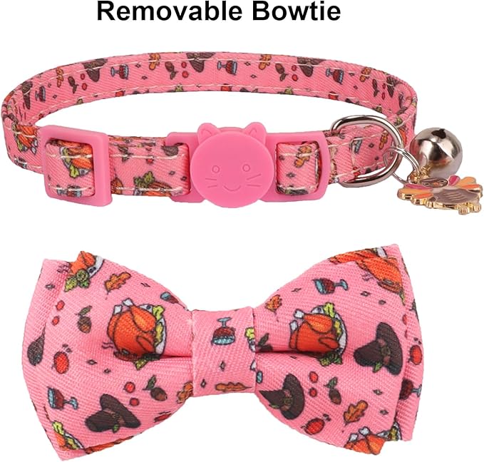 PTDECOR Thanksgiving Cat Collar Breakaway with Bow Tie Bell, Turkeys and Pumpkins Pattern Collar, Thanksgiving Bowtie Collars for Cats Kittens