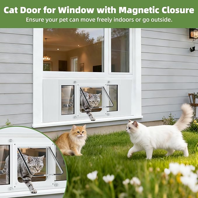 Cat Door for Window, Aluminum Window Pet Door for Cats & Small Dogs, Width Adjustable to Fit Width 23"-28", 4 Locking Modes, Magnetic Close, Weatherproof Design