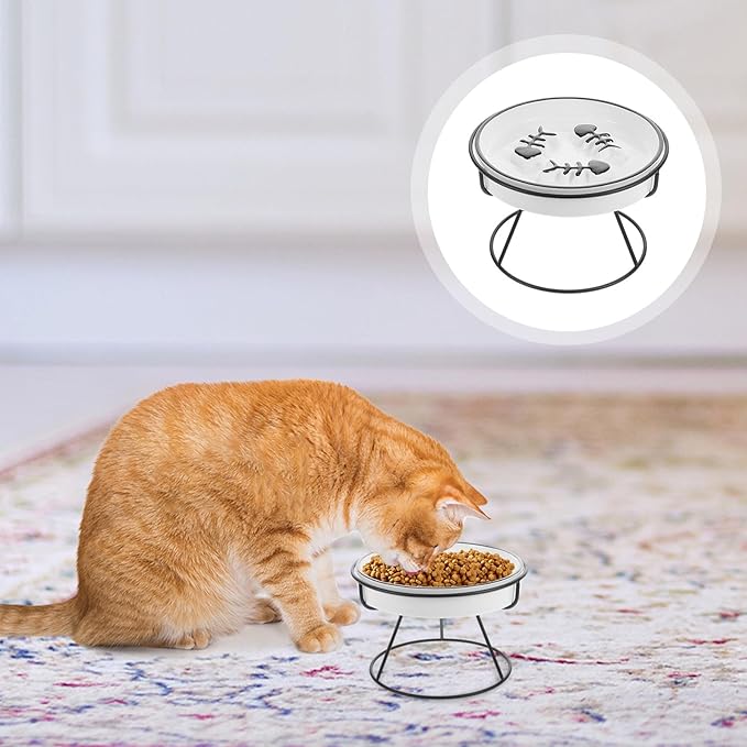 Uonlytech Ceramic Slow Feeder Cat Bowl with Elevated Stand for Small Dogs and Indoor Cats, Anti-Choke Raised Pet Food Dish to Protect Spine and Reduce Eating Speed