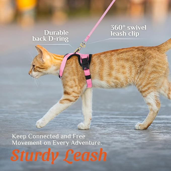 Dooradar Cat Harness and Leash Set, Escape Proof Soft with 3 Adjustable Buckles, Comfortable Vest Easy to Wear Kitten Harness with Reflective Strip, Safe for Outdoor Walking, Pink, M