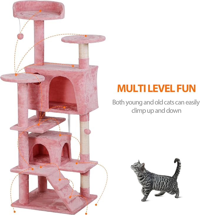 52” Multi-Level Cat Tree Condo Furniture Kitten Activity Play House Bed Pet Kitty Climbing Tower with Scratching Posts/Plush Perch/Scratcher Ladder/Tunnel for Cats,Kittens,Pets (Pink)