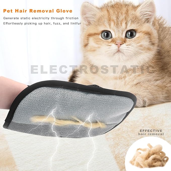2-Piece Pet Hair Removal & Grooming Kit: Static Hair Remover Glove for Furniture, Carpet, Couch + Gentle Pet Grooming Glove for Cats & Dogs