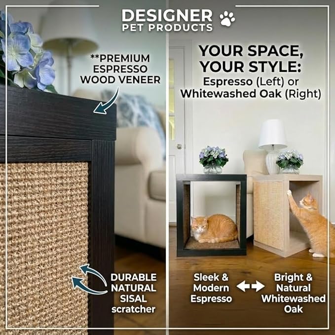 Designer Pet Products 2-in-1 Cat Scratcher End Table – Modern Wood Side Table with Customizable Sisal Scratching Pad – Versatile Furniture for Cats and Home Decor