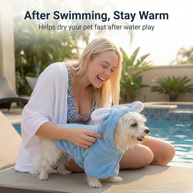 Dog Bathrobe Super Absorbent Towel for Small Dogs Cats Fast Drying Dog Robe Coat with Hood Puppy Cat Bath Towel Wrap Pet Grooming Supplies After Shower (Blue,XS)