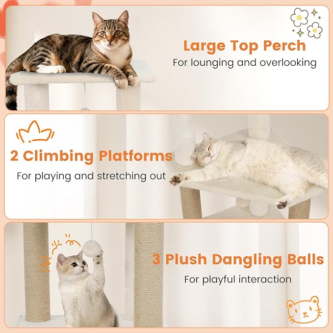Tangkula 64 Inch Tall Cat Tree, Multi-Level Cat Tower with 2 Large Condos, Jute Scratching Posts, Plush Top Perch, Dangling Toys, Cat Climbing Furniture for Indoor Adult Cats & Kittens (Beige)