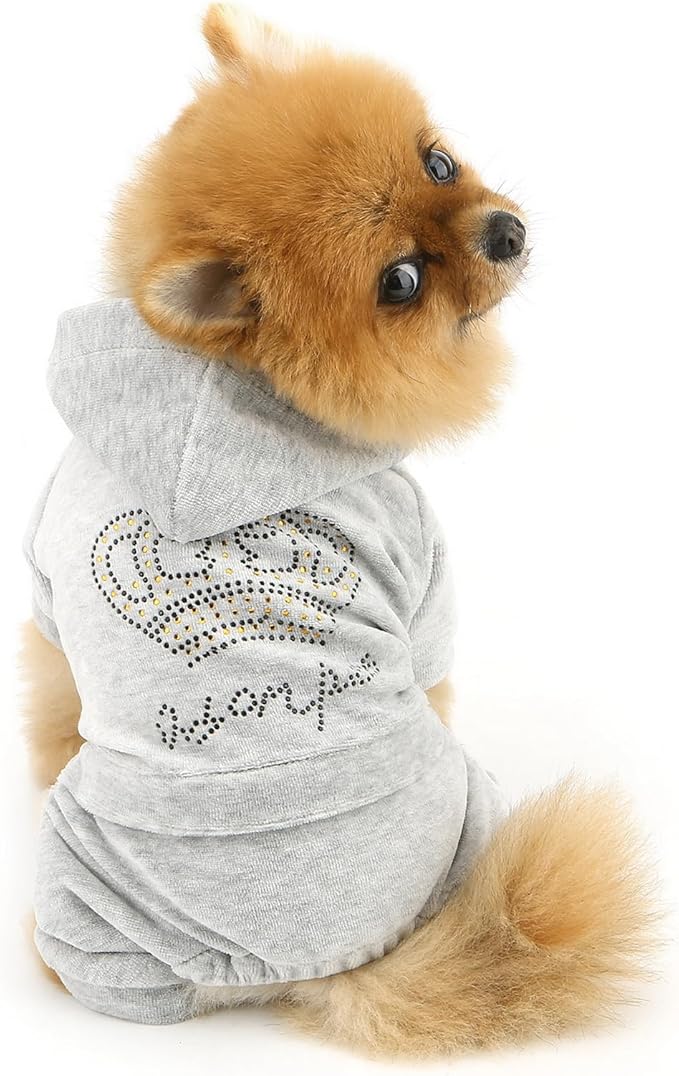 Girl Dog Clothes for Small Dogs Cute Doggie Outfits Rhinestone Crown Stretchy Puppy Pajamas Soft Velvet Hoodie 4 Legged Jumpsuit Lightweight Pet Tracksuit Cat Apparel Leash Hole