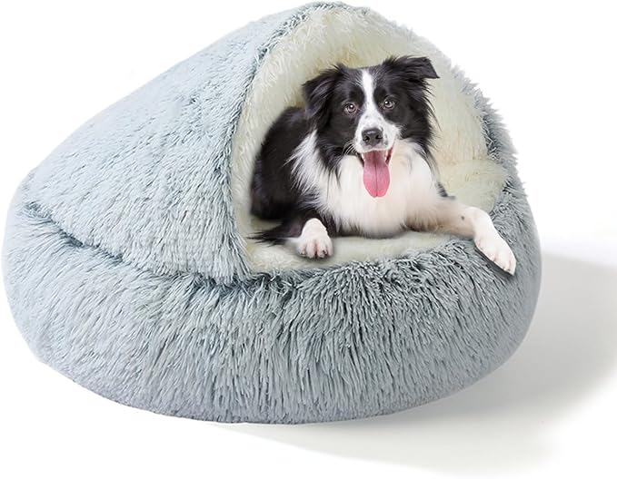 SUOXU 2-in-1 Dog Bed: Upgraded Aluminum Rim Support & Non Slip Bottom - Cozy Cave + Blanket for Large Medium Dogs Under 20 kg (44 lbs) | Plush Self-Heating for Border Collie, Labs