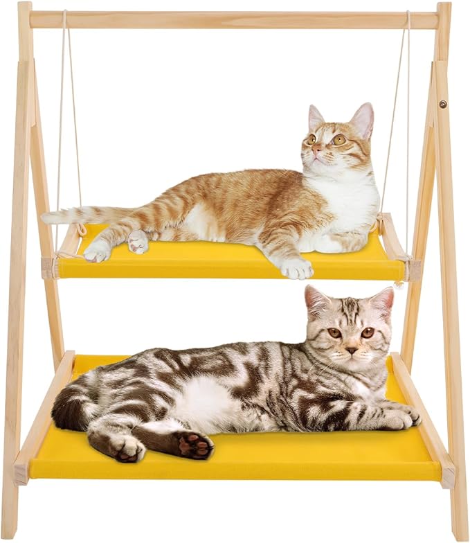 Cat Hammock Bed, Double Layer Indoor Bunk Cat Swing Bed, 28 x 22.4 x 32.3 Inch Pet Bed Washable Pet Hanging Cat Bed Elevated Cat Bed for Homes, Pet Stores, Catteries, Balconies (Yellow)