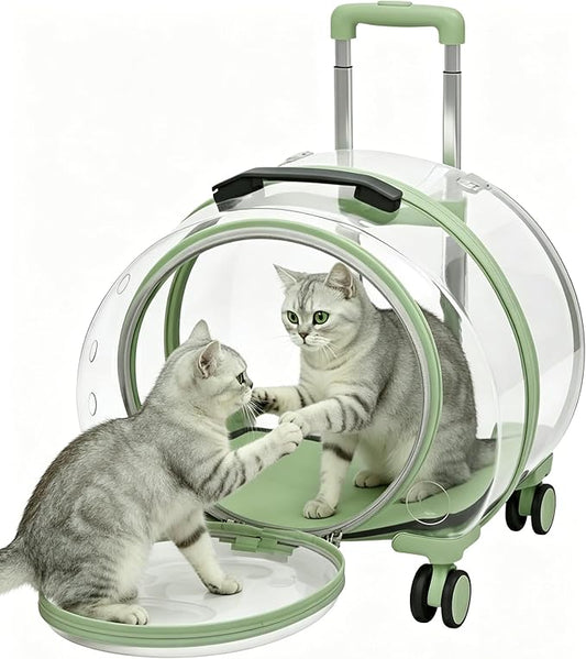 Cat Carrier with Rolling Wheels, Clear Pet Trolley Case Pet Backpack with Multiple Ventilation Holes for Cats and Dogs, Green