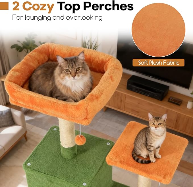 DORTALA 75" Tall Modern Cat Tree, Multi-Level Cat Tower with Large Condos, Sisal Scratching Posts, Top Perch, Hammock, Dangling Balls, Kitten Beds & Climbing Furniture for Indoor Cats (Green & Orange)