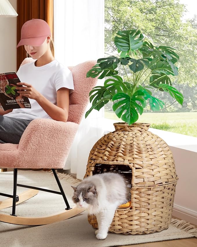 SETVSON Cat Litter Box Plant Furniture Enclosure, Hidden Handwoven Rattan with Cat Litter Box and Artificial Plants, Odor Control Filter, Real Stones in Living Room, Bedroom, Corner Natural
