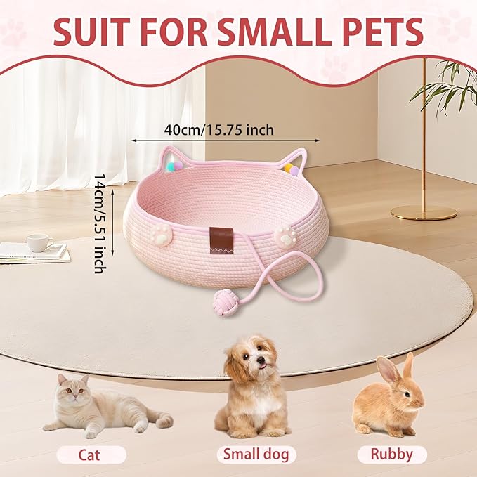 Woven Cat Bed Basket with Ears, Pink Cotton Rope Pet Bed for Indoor Cats, Small Dogs & Rabbits - Cute Basket with Pom Poms & Toy Ball (15.75x5.51 Inch)
