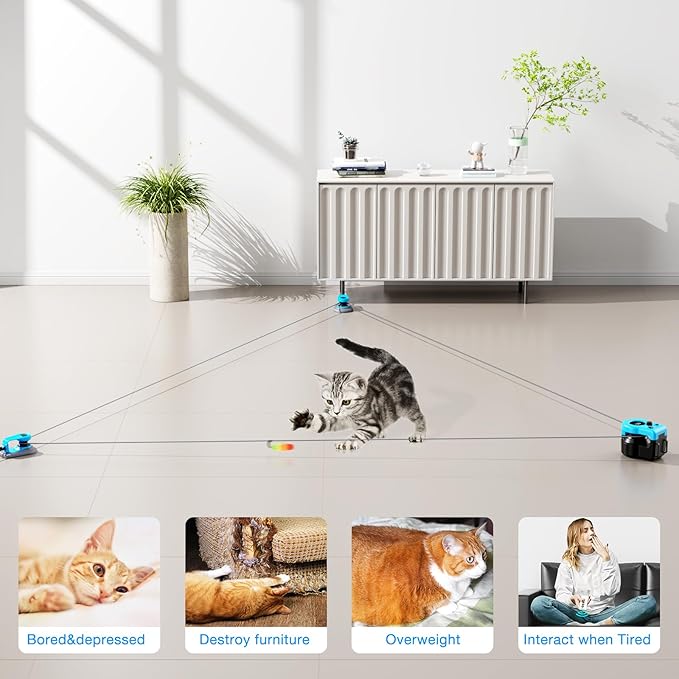 Interactive Cat Toy for Indoor Cats, Auto/Remote Control DIY Cat Mouse Hunting Treadmill Keep Bored Kitten Puppy Entertained to Chase, Feather Toy to Exercise-Sky Blue