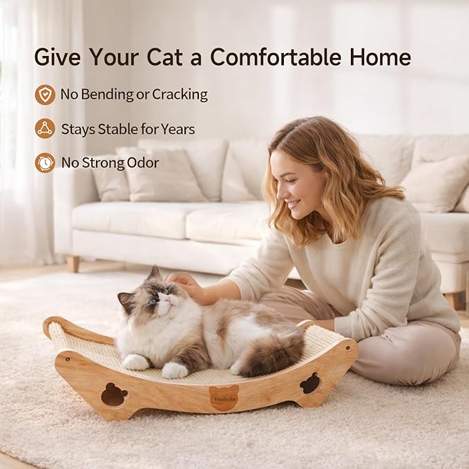 Upgraded Sisal Cat Scratcher Bed, Solid Oak Frame 1.3 cm Thick, 100% Sisal Pad, Curved Scratch Lounger, Stable Base Up to 36 lb, Sofa Protector, Odor-Free, 23.6" x 13.7"