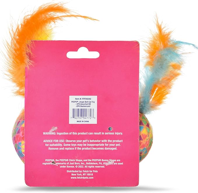 Peeps for Pets Jingle Bell Blue Bunny and Yellow Chick Catnip Cat Toys, 4''- 2 Count | Cat Toy Set with 2 Cat Toys | Catnip Cat Toys Feather Cat Toys Cat Bell Toy, Orange & Pink