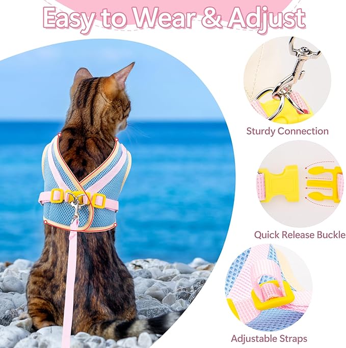 Cat Harness and Leash Set Escape Proof, Adjustable Cat Vest Harnesses Soft Kitten Harness Reflective Strips Jacket with Flower, Breathable Mesh Harnesses for Cats Puppy Easy to Wear Outdoor Walking