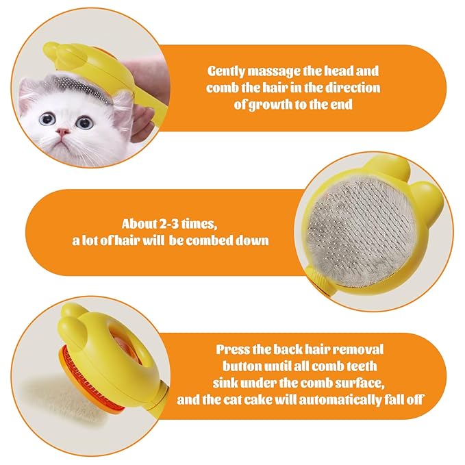 Flea Comb for Cats Dogs,Brush for Shedding Pet Hair Removal Comb Stainless Steel Massage Teeth,One-Click Hair Removal Yellow