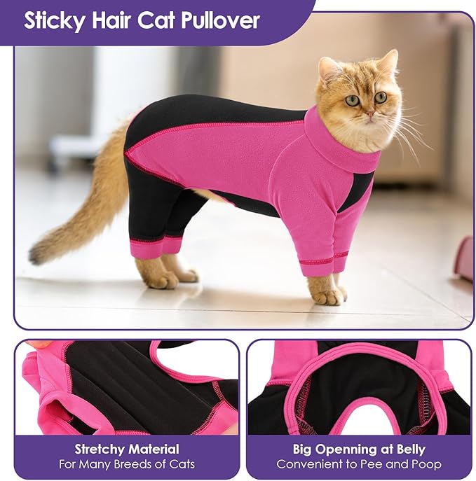 Hair Sticky Cat Clothes, Cat Sweater for Cats Only, 4-Legged Fleece Sweaters Kitten Pajamas Reduce Shedding Fur, Warm Pullover Shirts for Cats, Pink S