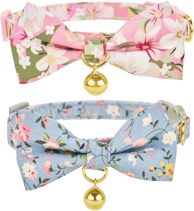 2 Pack Floral Bow Tie Cat Collars with Bell, Adjustable Soft Cotton Cute Kitten Collars with Safety Breakaway Buckle for Cats & Small Dogs(Fl Blue+Pink)