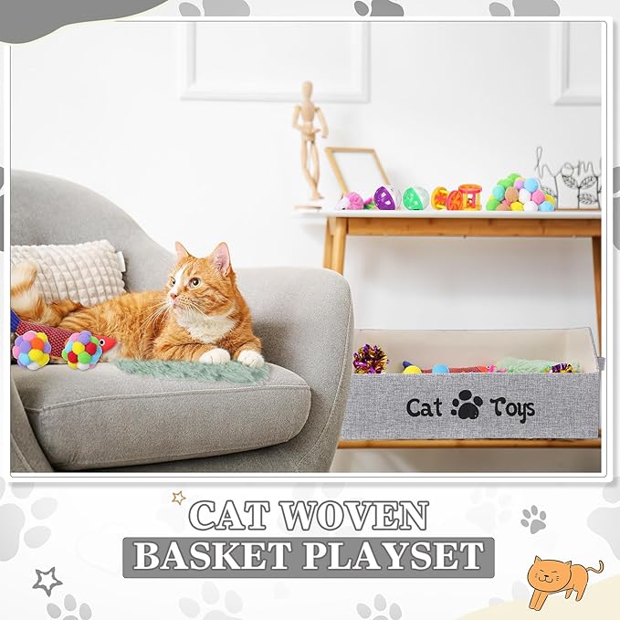 Zopeal 55 Pcs Cat Toy Box for Indoor Cats Large Kitten Toys Organizer Basket Bin Included Pillows Fish Colorful Bell Balls Crinkle Balls Spring Plush Mice Attract Kitten to Swat Hunt