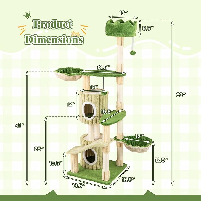 Tangkula 63 Inch Tall Cat Tree, Cute Green Cat Tower with 2 Condos, Plush Top Perch, 2 Basket Beds, Sisal Scratching Posts, 2 Dangling Balls, Slide Platform, Large Aesthetic Cat Tree for Indoor Cats