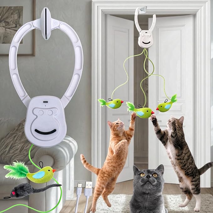 AIXINPET Interactive Cat Toys for Indoor Cats - 2 Motion Modes (360° Spin & Irregular Jumping), with Bird&Mouse attachments, USB Rechargeable Door Hanging Toy - for Kittens Adult Multi-Cats Households