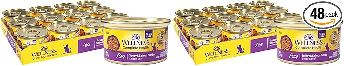 Wellness Complete Health Pate Adult Wet Cat Food,Natural,Protein-Rich,Grain Free,3 Ounce,(Turkey & Salmon),(Pack of 48)