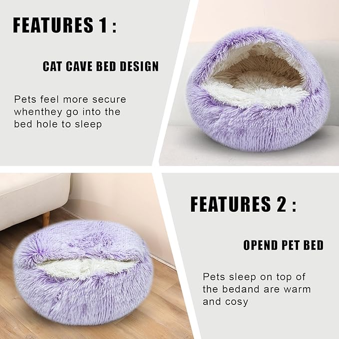 FORMYCATIE Cat Beds for Indoor Cats,Cat Cave for Puppy and Kitty,Calming Small Dog Bed for Small Dogs with Cover Cave,Cozy Warming Fluffy Washable Anti-Slip Pet Sleeping Bag(20 * 20inch,Purple)