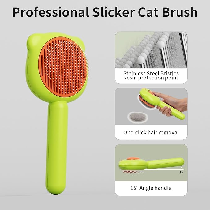 Cat Brush for Shedding, Self Cleaning Pet Hair Brush with Release Button, Cat & Dog Grooming Brush for Long or Short Haired Pets, Removes Loose Fur (Green)