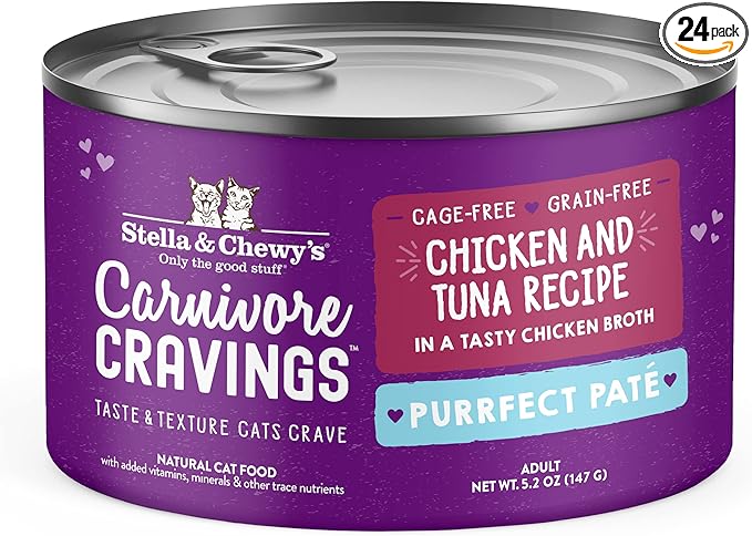 Stella & Chewy's Carnivore Cravings Purrfect Paté - Premium Grain-Free Wet Cat Food - Chicken & Tuna Recipe - High Protein with Bone Broth - Perfect for Picky Eaters - 5.2oz Cans (24 Pack)