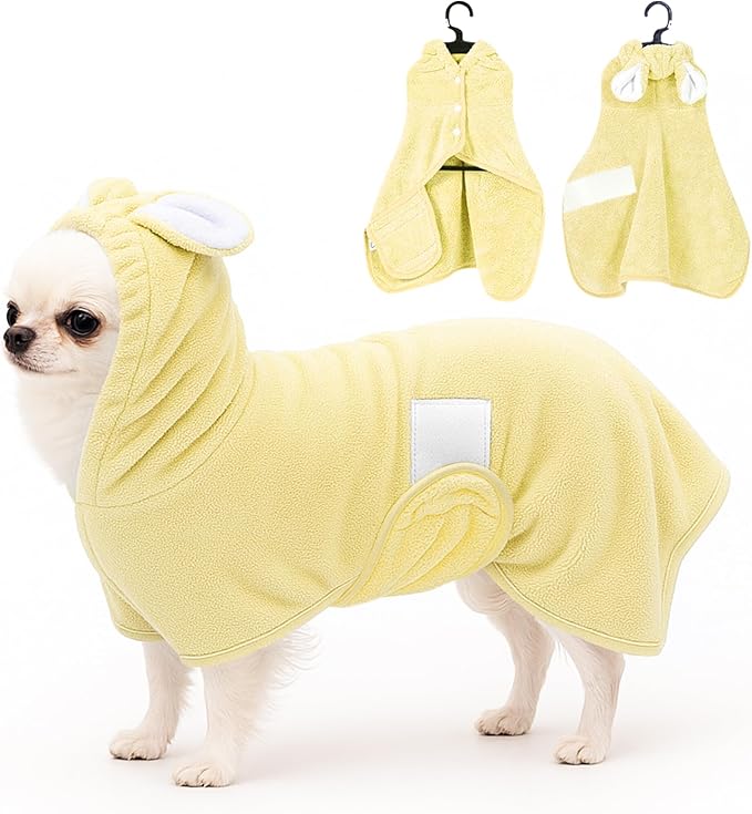Pet Bathrobe Towel Dog Cat Drying Coat Super Absorbent Cute Dogs Bath Towel Hooded Robe Adjustable Collar & Belly Strap for XSmall to XLarge Pets (Yellow, X-Small)