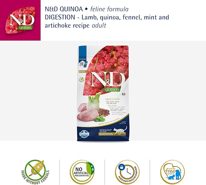 Farmina N&D, Quinoa Digestion Lamb Quinoa Fennel and Mint Recipe Dry Cat Food, 3.3lb