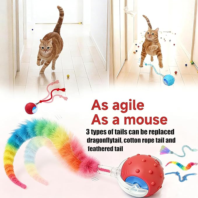 2PCS Interactive Cat Toys for Indoor Cats with 6 Tails, Automatic Cat Toy Fast Rolling on Carpet/ Wooden Floor/ Tiles, Rechargeable Kitten Toys for Small/ Medium/ Large Cats to Enrichment Exercise