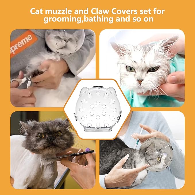 Cat Muzzle for Grooming with Silicone Claw Cover, Adjustable Cat Hood Mask for Bathing Shaving Pet Tools, Anti Bite Air Bubble Helmet