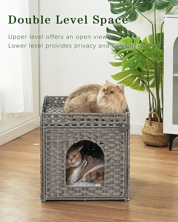 SETVSON Cat Beds for Indoor Cats Extra Large Double Cat Cave Pet Cube, Handwoven Rattan Cat Houses with Double-Sided Soft Cushions, 18.5 x 20.5 x 19.1 Inches Foldable Hideaway in Living Room Gray