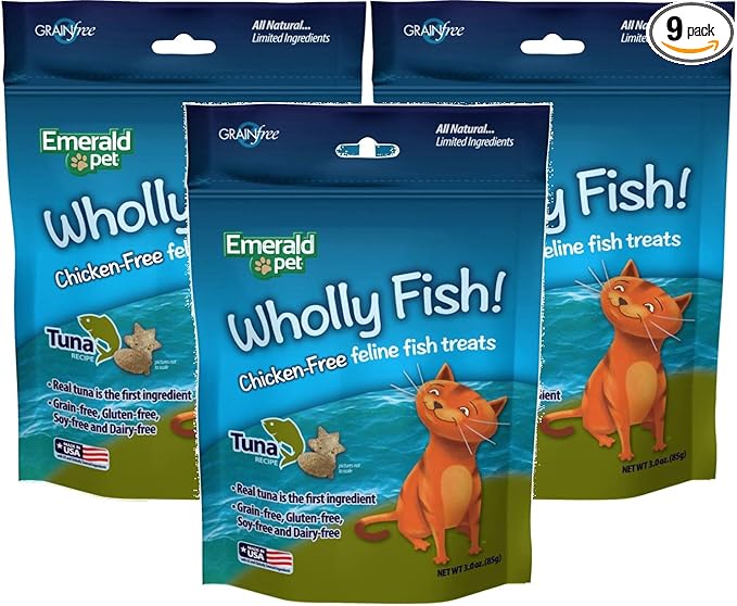Emerald Pet 3 Pack of Wholly Fish Chicken-Free Tuna Recipe Cat Treats, 3 Ounces Per Pack
