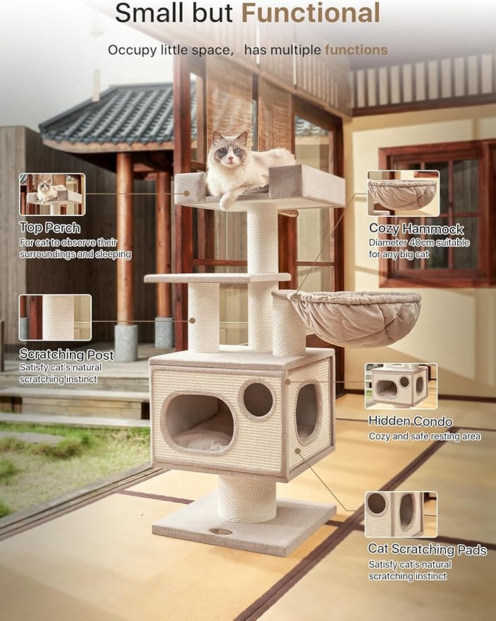 Sopapets Maine Coon Cat Tree Tower for Indoor Cats Large Adult,44.5 Inch Tall Unique Modern Cat Tree with Hammock,Sisal Scratching Post,Big Condo,Perch,Bed,Heavy Duty Luxury Sturdy Cat House,Furniture